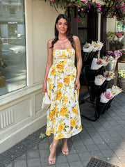 Aiertu Women New Fashion Temperament Simple Slim Strap-Breast Yellow Rose Printed Dress Female Elegant Sexy Backless Long Dress Aiertu