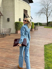 Aiertu - Women Y2k Denim Jumpsuit Long Sleeve Elegant Jumpsuits Female Lapel Jeans Overalls Streetwear Summer Office Lady Romper Aiertu