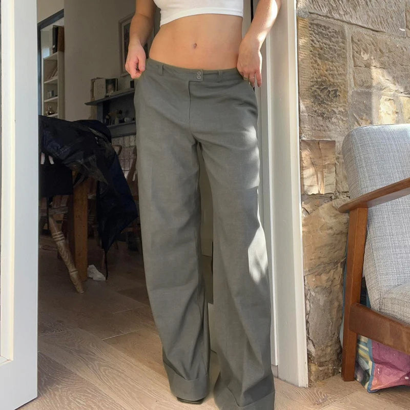 Aiertu - Women Solid Straight Pants Minimalist Style Elegant Loose Fit Wide Leg Trousers Casual Office Lady Pants y2k Autumn Aiertu