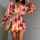 Aiertu - Spring Fashion Flower Print Short Jumpsuit Women Elegant V Neck Lace-up Romper Playsuits Autumn Long Sleeve Office Lady Overalls Aiertu