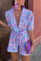 Aiertu - Casual Print Bandage Turn-back Collar Loose Rompers Aiertu