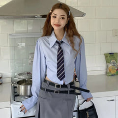 Aiertu Preppy White Crop Shirts Women Korean Fashion Jk Tie Long Sleeve Blouse Student College Retro Solid Slim All Match Tops Aiertu