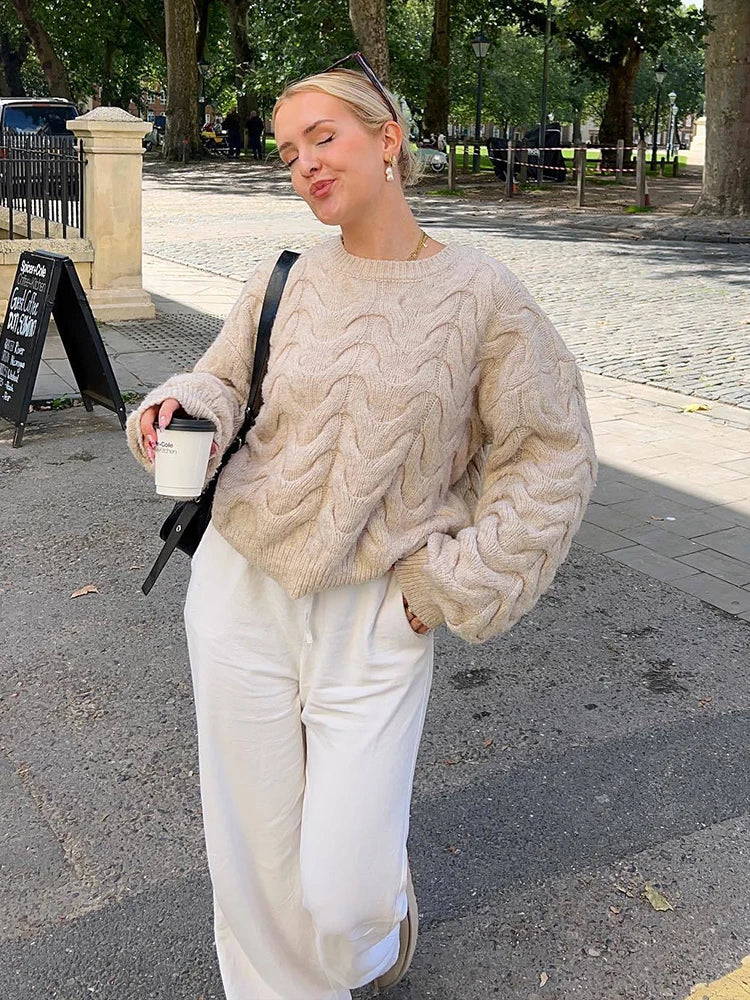 Aiertu - Twist Knitted Oversize Sweater Women Winter O Neck Basic Casual Jersey Pull Femme Apricot Loose Fashion Jumper Aiertu