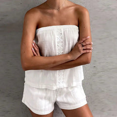 Aiertu - Sexy Ladies Strapless Top with Shorts Two Piece Set White Off Shoulder Loose Beach Suit Summer Casual Sleeveless Women's Outfits Aiertu