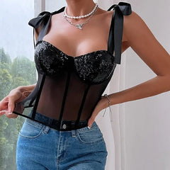 Aiertu - party look snspos Glitter Splicing Lace Lace Corset Women Fashion Bazaar Fishbone Halter Top Can Be Worn Outside Camisole Vest Aiertu
