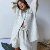 Aiertu - Casual Cotton Linen Sets Commuter Single Breasted Loose Long Sleeve Shirt Shorts Suit Summer Vacation 2 Piece Set Women's Outfit Aiertu