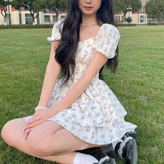 Aiertu - Puff Sleeve Floral Corset Mini Dress Aiertu