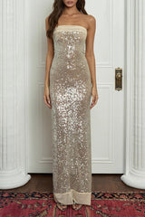 Aiertu - Sexy Sequins Slit Sequined Strapless Long Dresses(3 Colors) Aiertu