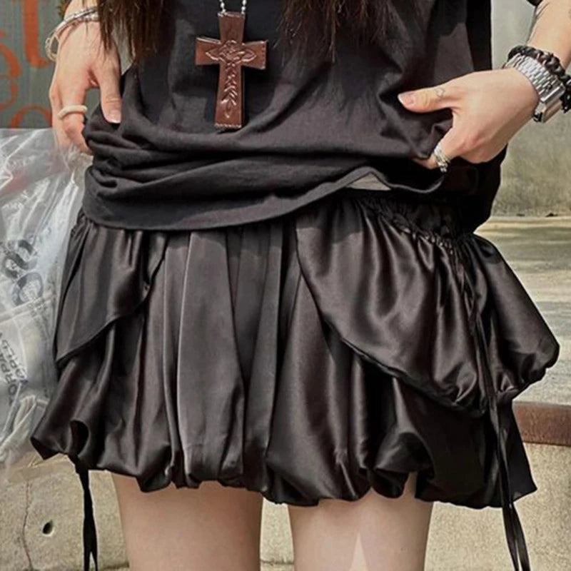 Aiertu - Y2K Sweet Cool Mini Bud Skirt Hottie Girls Low Waisted Fake Pocket Lacing Satin Bubble Half Skirt Fashion Casual Daily Wear Aiertu
