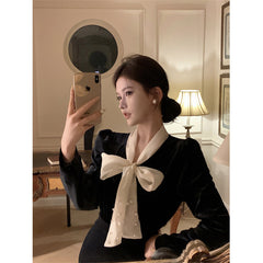 Aiertu Vintage Bow Shirts Women Elegant Black Velvet Blouses Office Lady Korean Party Long Sleeve Chic Basic All Match Tops New Aiertu