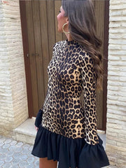 Aiertu - Leopard Print Patchwork Trumpet Sleeve Dress Women Sexy Slim Pleated Hem Dresses 2026 New Autumn Female New Party Highstreet Aiertu