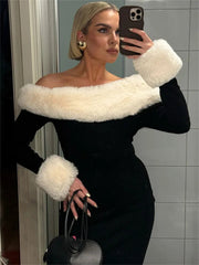 Aiertu - Fluffy Winter Slim Maxi Dress Female High Waist Long Sleeve Sexy Off-Shoulder Patchwork Bodycon Dress Ladies Party Dress Aiertu