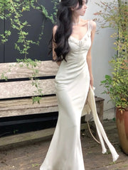 Aiertu - Spaghetti Strap White Satin Long Dresses for Women Summer New Elegant Party Sweet Sleeveless Female Holiday Casual Clothing Aiertu