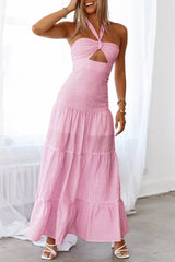 Aiertu -Casual Jacquard Lace Up Halter Long Dresses aiertu