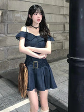 Aiertu - Sweet Hot Girl Retro Off Shoulder Denim Dress for Women's Summer Casual Slim Fit A-line Short Strap Dress Fashion Female Clothes Aiertu