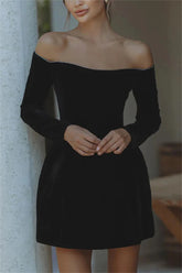 Aiertu - Elegant Black Velvet Rhinestone Off Shoulder Mini Dress For Women Long Sleeve High Waist A-line Party Club Dresses Aiertu