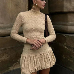 Aiertu - Slim Textured Bud Mini Dress Female Fashion Half High Collar Long Sleeve Splice Folds Dresses Women's Club Party Outfits Aiertu