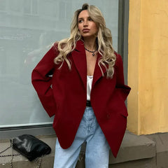 Aiertu - Loose Solid Blazer Coats Women Casual Lapel Long Sleeve Single Button Pockets Jacket 2026 Autumn New Office Lady Tops Streetwear Aiertu