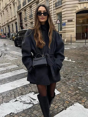 Aiertu - Warm Lace-up Woolen Coat With Belt For Women Elegant Single Breasted Gray Pocket Jacket Autumn Winter High Street Outerwear Aiertu