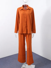 Aiertu - Elegant Orange Long Pants Sets For Women Casual Single Breasted Lapel Loose Shirts Wide Leg Straight Trousers Lady 2 Pieces Suit Aiertu