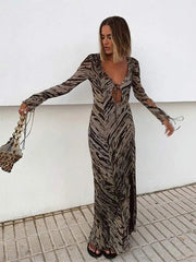 Aiertu - V-neck Leopard Print Slit Long Dress Women Hollow Lace Up Long Sleeved Maxi Dress Lady Sexy Fashion High Street Party Vestidos Aiertu