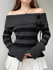 Aiertu - summer inspo Off Shoulder Slim Knitted Stripe Jumper Women Lace-Up Slash Neck Long Sleeve Sweater Tee Korean Fashion Street Knittwear Aiertu