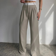 Aiertu - Elegant Loose Gray Office Ladies Pants Fashion High Waist Straight OL Trousers Chic Spliced Full Length Women Pants Aiertu