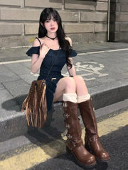Aiertu - Sweet Hot Girl Retro Off Shoulder Denim Dress for Women's Summer Casual Slim Fit A-line Short Strap Dress Fashion Female Clothes Aiertu