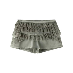 Aiertu Lace Trim Layered Pumpkin Pants Women High-Low Satin Slip Pants Low Rise Wide Leg Frilly Shorts Medieval Retro Clothes Aiertu