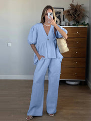 Aiertu Cotton Loose Female Pajama 2 Piece Suit Short Sleeve Nightgown Sexy V-Neck Sleepwear Pants Casual Women Nightwear Set Aiertu