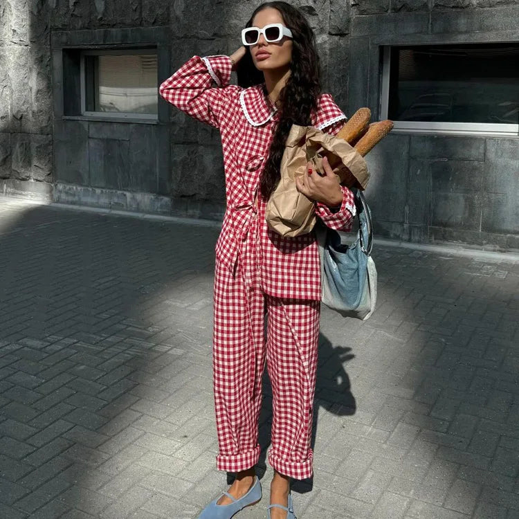 Aiertu - Red Plaid Lace Trim Pants Sets Woman Long Sleeve Lace-up Blouse+Elastic Waist Wide Leg Trouser Casual Fashion Home 2 Piece Set Aiertu