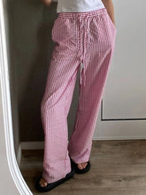 Aiertu - Women's Casual Striped Print Pants Drawstring Elastic Waist Loose Straight Pants with Pockets Sleep Bottoms Korean Home Wears Aiertu