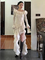Aiertu - Y2K Sexy Solid Jacquard Party Dress for Women Layered Ruffles Slim Irregular Dresses Autumn Prom Robe Wedding Vestidos Mujer New Aiertu