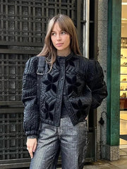 Aiertu - casual winter outfits Casual Solid Printed Padded Women Jacket O-neck Full Sleeves Lady Coat 2024 Fashion Autumn Covered Button Female Loose Outwear Aiertu
