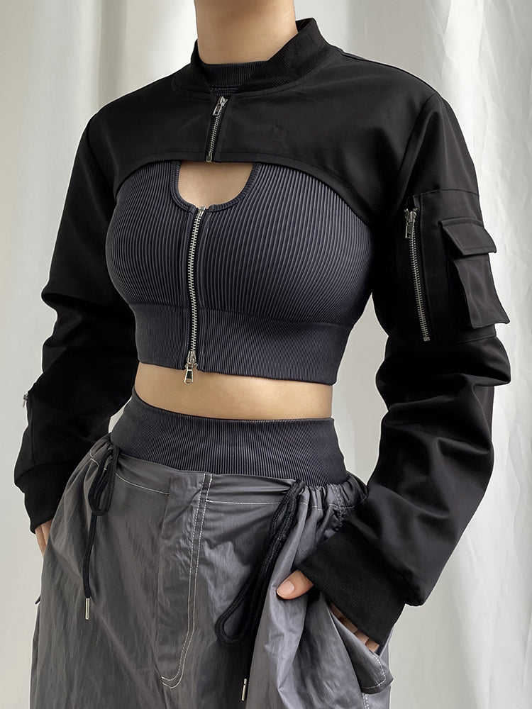 Aiertu - summer inspo Zip Up Stand Collar Long Sleeve Black Cropped Jackets Women Pocket Safari Style Streetwear Aiertu