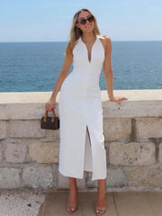 Aiertu - White Chic Slim Split Halter Dresses Women Summer Single Breasted Sleeveless Midi Dress 2025 New Elegant Casual Fashion Vestidos Aiertu