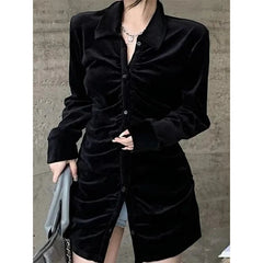 Aiertu Vintage Shirts Women Black Velvet Pleated Blouses Korean Elegant Folds Turn Down Collar Long Sleeve Slim Chic Casual Tops Aiertu