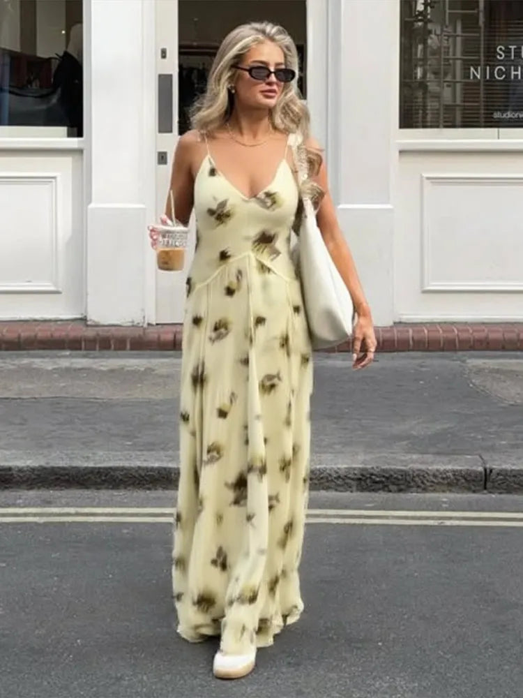 Aiertu - Printed Halter Women Dress V-Neck Waist Cinching Slimming Silk Satin Sexy Suspender Robes Pleated Beach Long Dresses Summer New Aiertu