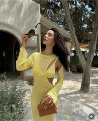 Aiertu - New Spring Sexy Holiday Cut Out Maxi Dress for Women Long Sleeve Beachwear Dresses Yellow Knitted Skinny Elegant Vestidos Aiertu