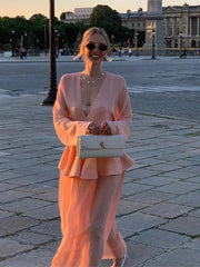 Aiertu - Elegant Ruffles Patchwork Pleated Long Dress Women V-neck A-line Long Sleeve Puffy Dresses 2025 Summer Street Vacation Lady Robe Aiertu