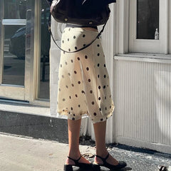 Aiertu - Polka Dot Elegant Mid Skirt Women High Street Fashion Spring Summer Long Skirts Casual Ladies Vintage 90s Outfits Aiertu