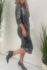 Aiertu - Party Solid Sequins Oblique Collar Long Sleeve Dresses Aiertu