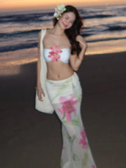 Aiertu - Vacation Pretty Women Two-Piece Set 3d Flowers Bandeau Mini Top+See Through Print Bottoms Beach Party Matching Suits Aiertu