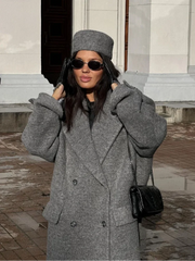 Aiertu - Fashion Grey Lapel Long Woolen Coats Women Double-breasted Pockets Long Sleeves Overcoat 2026 Autumn Lady Street Outerwear Aiertu