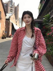 Aiertu - Turn-down Collar Red Plaid Shirt Women's Spring Casual Long-sleeved Loose Sunscreen Shirt Fashion Female Clothes Aiertu
