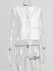 Aiertu - Fall Outfits 2026 White Lace Jacquere Tank Tops Women Summer New O Neck Sleeveless Lace-up Embroidered Camisole 2026 Elegant Fashion Cropped Tops Aiertu