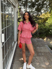 Aiertu - Fashion Women's Grid Shirts Shorts Suit Waist-Closed Short Sleeve Turn-Down Collar Lady Sets 2025 Summer 2 Piece Set Aiertu