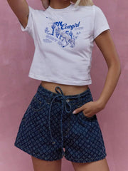 Aiertu - Women Casual Denim Short Retro Fashion Dark Color Lace-up Tow Pockets Mini Pants Summer Commuting Street Leisurewear Aiertu