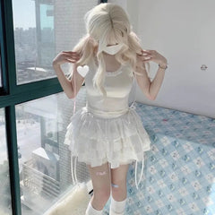 Aiertu New Kawaii Lace Mini Skirt for Women Girl Cute Lolita White A-line Pleated White Skirt Japanese Harajuku Fashion Clothing Aiertu