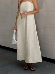 Aiertu - Summer New Cotton Linen Strapless Dress Women's Vacation Style Off Shoulder Dress Fashion Female Backless Long Skirt Aiertu